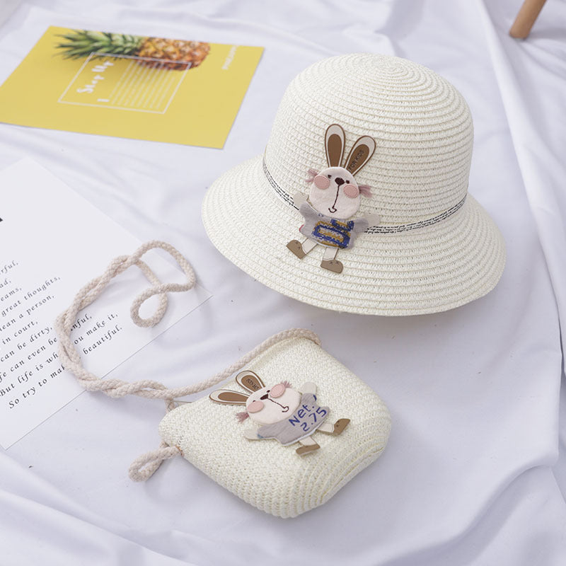 Cute Rabbit Decoration Bag Two-Piece Straw Hat