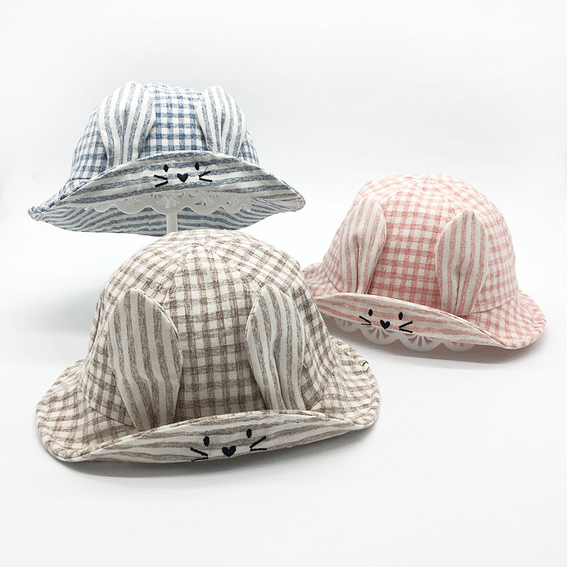 Small Fine Grid Love Rabbit Ears Basin Hat Baby Fisherman Hat Sun Hat Baby Hat Baby Hat Beanie