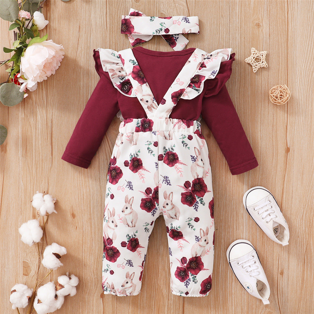 Long-sleeve Jumpsuit Floral Suspender Pants Headscarf Three-piece Set