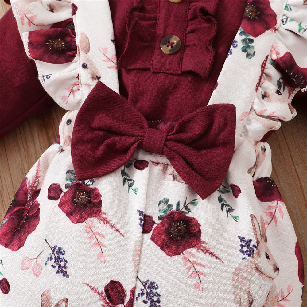 Long-sleeve Jumpsuit Floral Suspender Pants Headscarf Three-piece Set