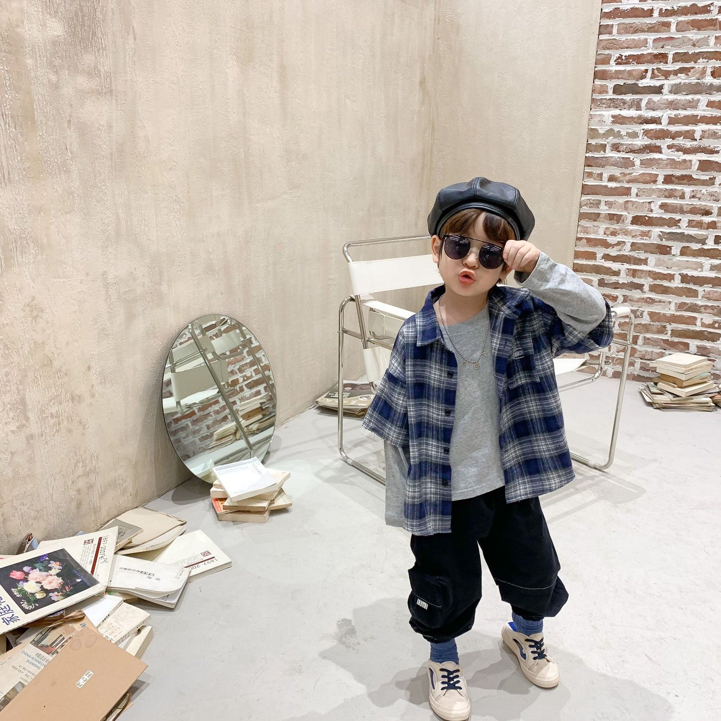 Boys plaid shirt stitching t-shirt