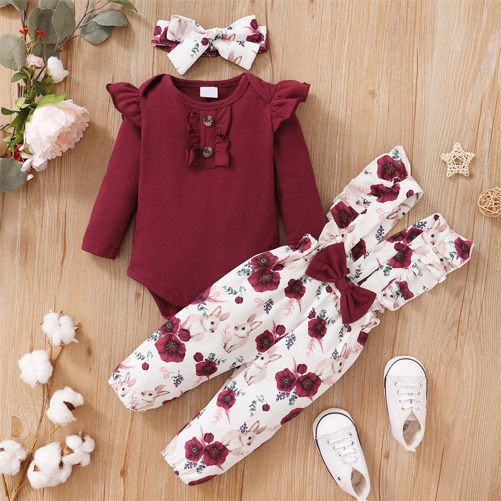 Long-sleeve Jumpsuit Floral Suspender Pants Headscarf Three-piece Set