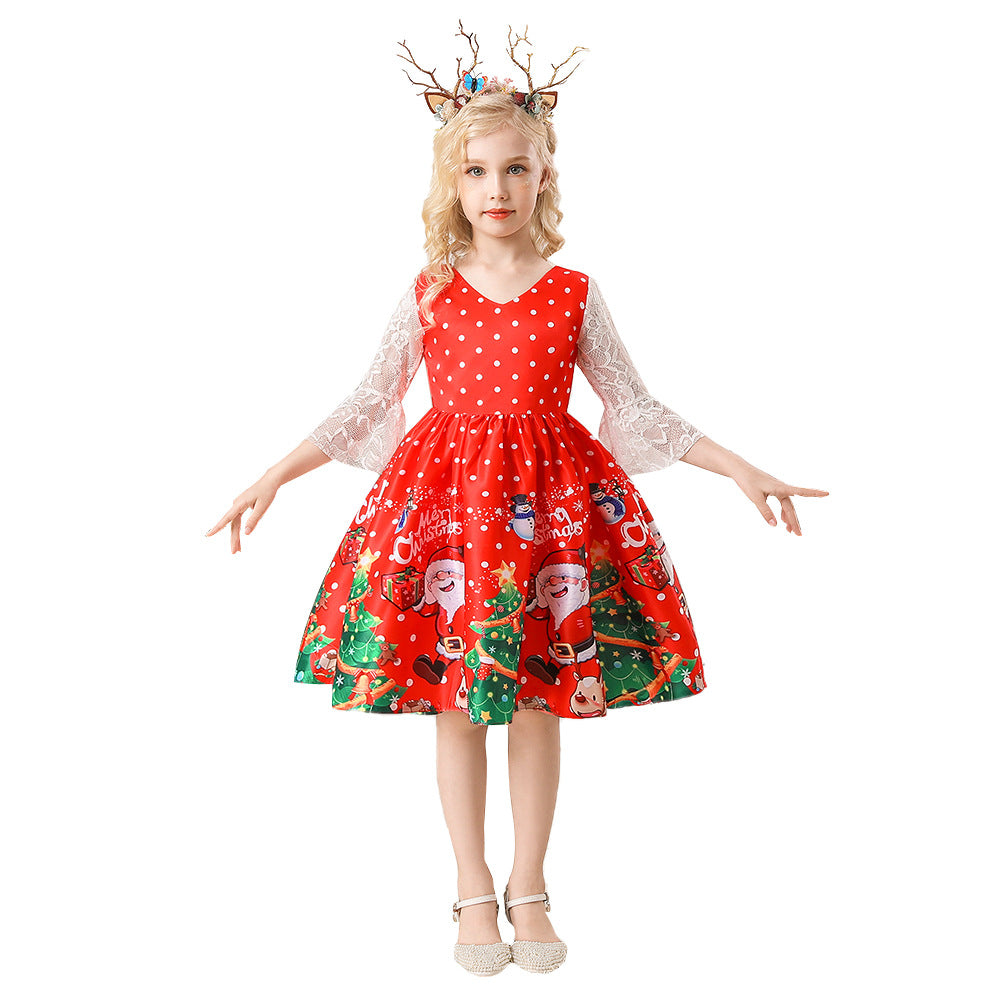 Christmas Children's Dress Cartoon Printing Satin Performance Wear