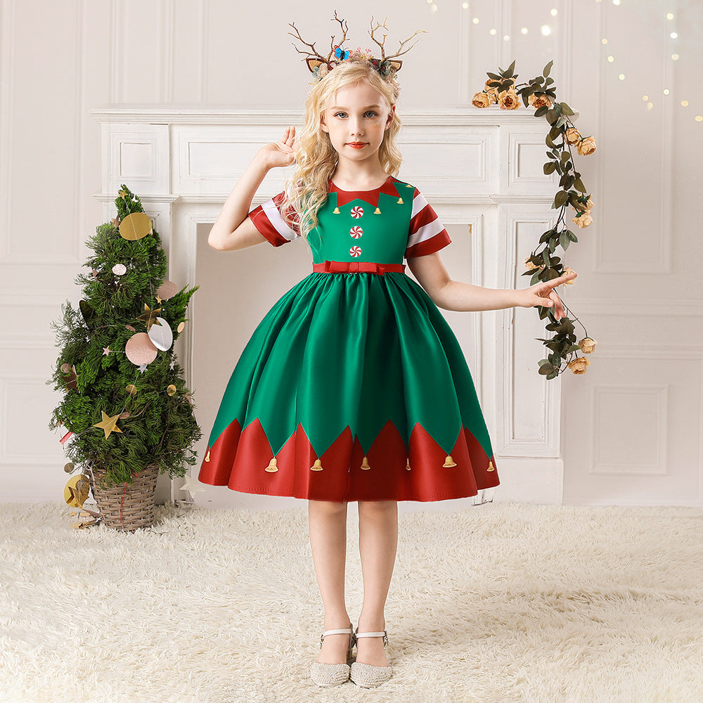 Christmas Children's Dress Cartoon Printing Satin Performance Wear