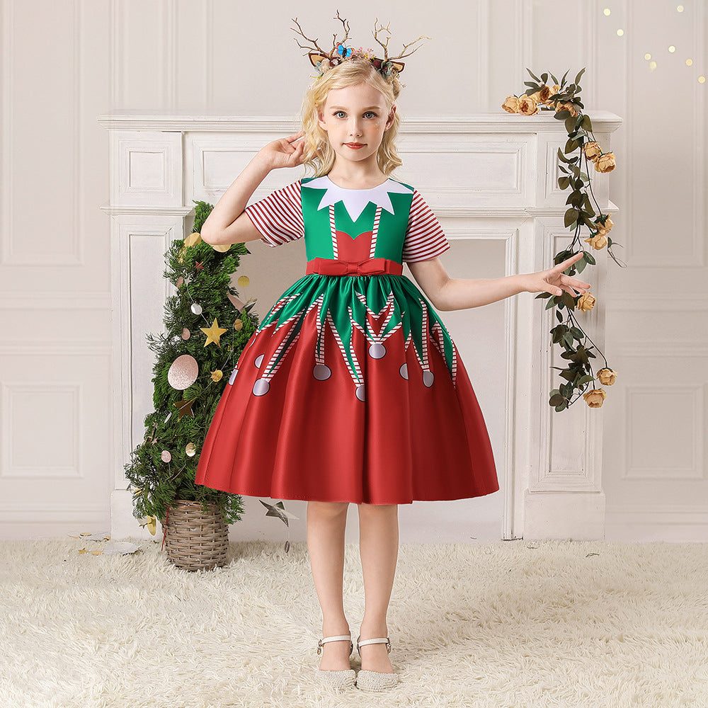 Christmas Children's Dress Cartoon Printing Satin Performance Wear