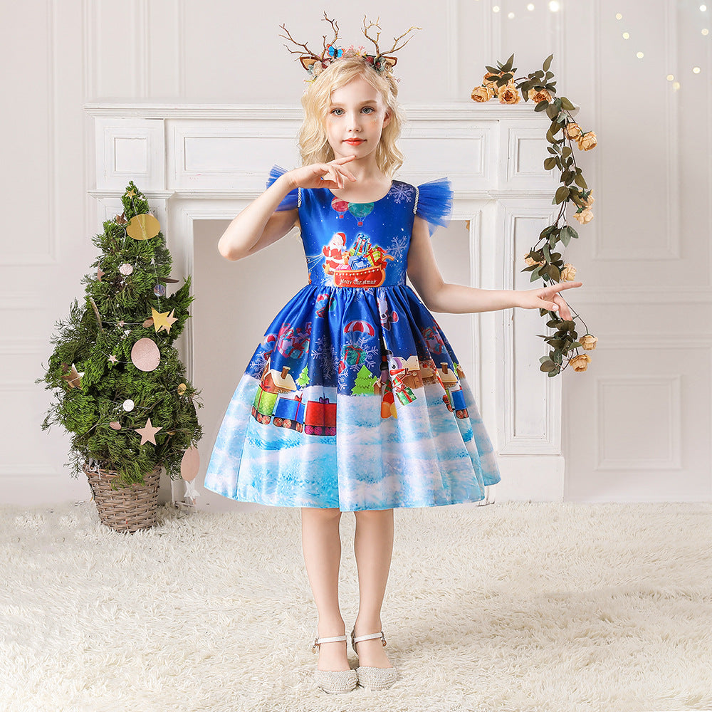 Christmas Children's Dress Cartoon Printing Satin Performance Wear