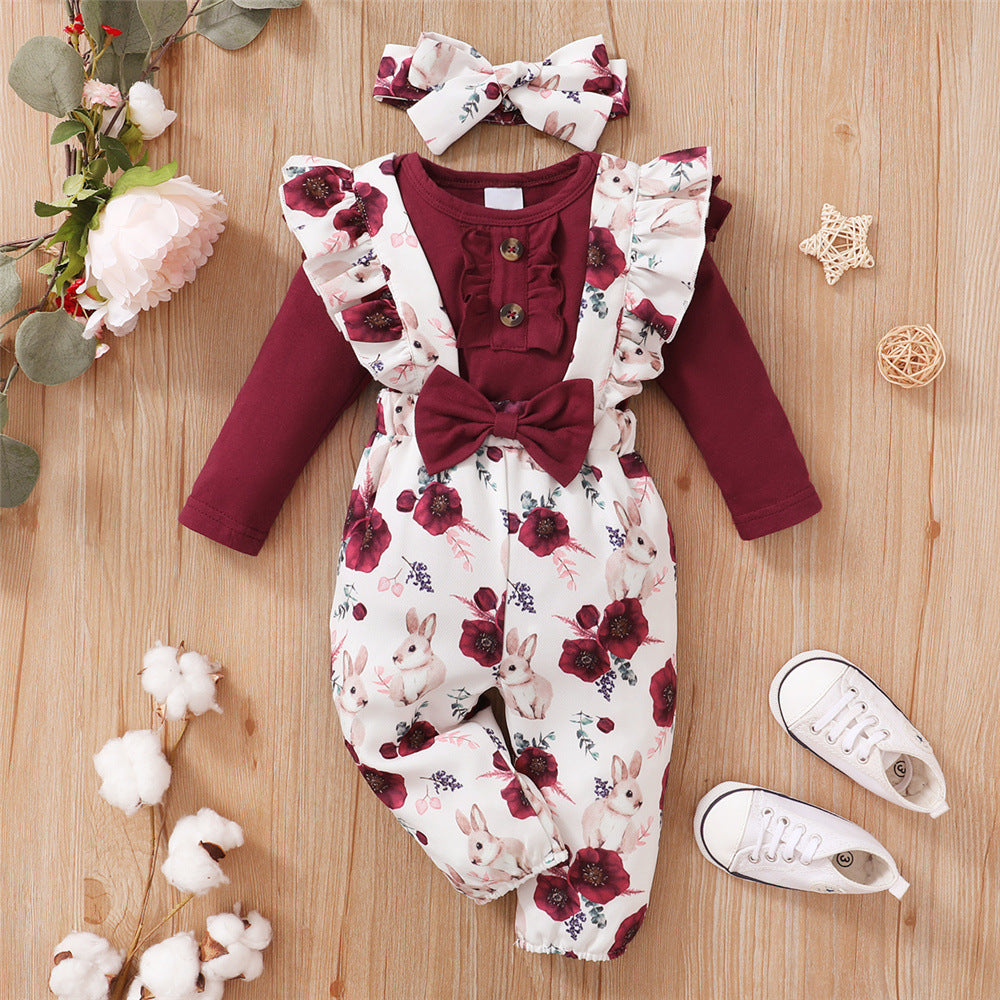 Long-sleeve Jumpsuit Floral Suspender Pants Headscarf Three-piece Set